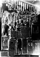 Вид экспозиции: внизу -  каменные надгробия и архитектурные детали, выше на стене музея - железные и бронзовые изделия и под потолком - коллекция глиняных грузил